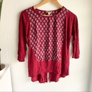 Red Boho Lucky Brand 3/4 Sleeve Blouse sz S